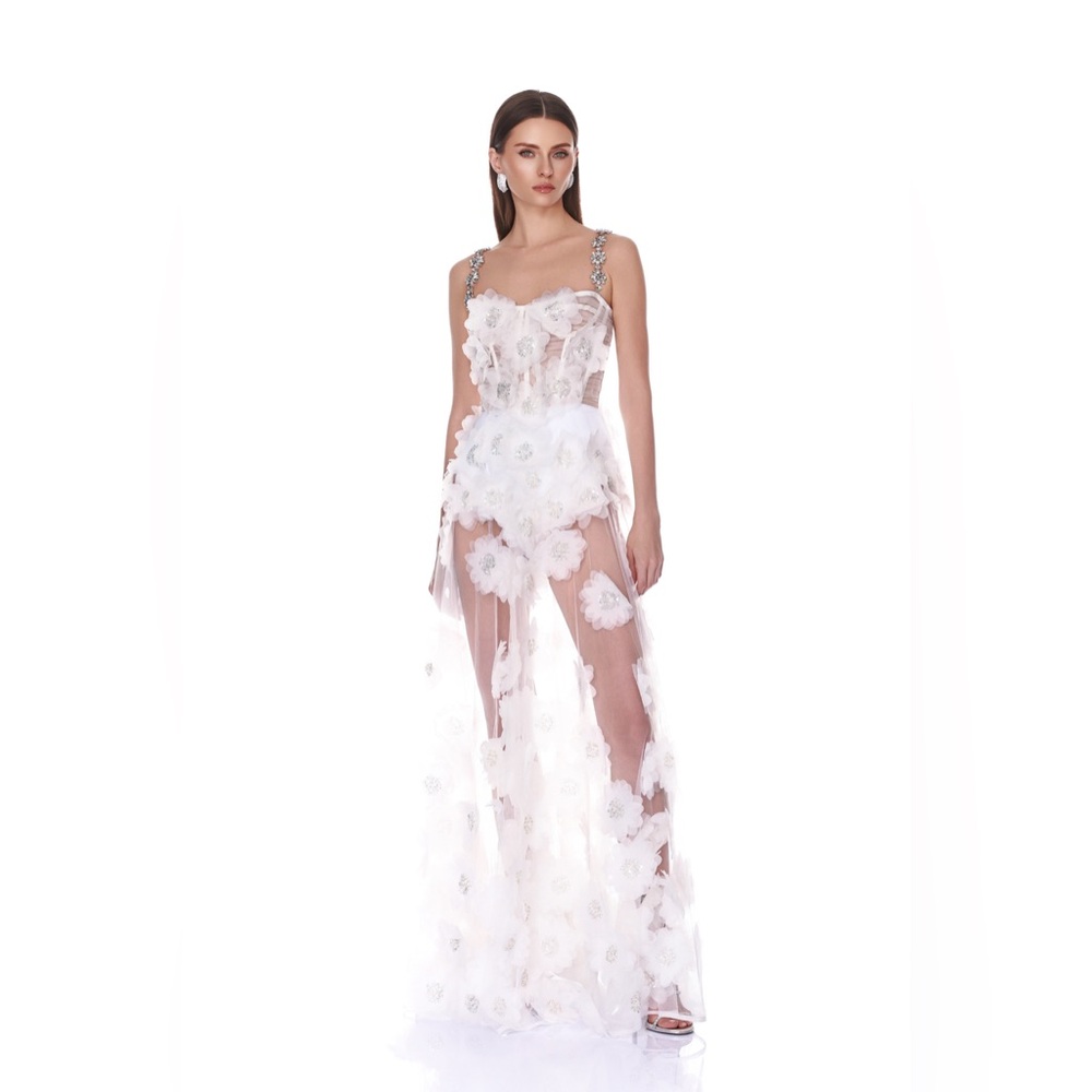 Bronx & Banco Anastasia White Flower Appliqued Maxi Bridal Dress Gown L NWOT - Picture 2 of 7